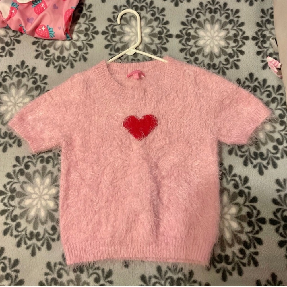 Sugar thrillz Pink Fuzzy Short-Sleeve Sweater crop